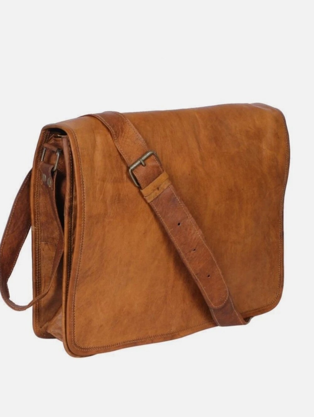 Leather Messenger Bag Satchel Briefcase Laptop Bag Full Flap With Brass Hardware